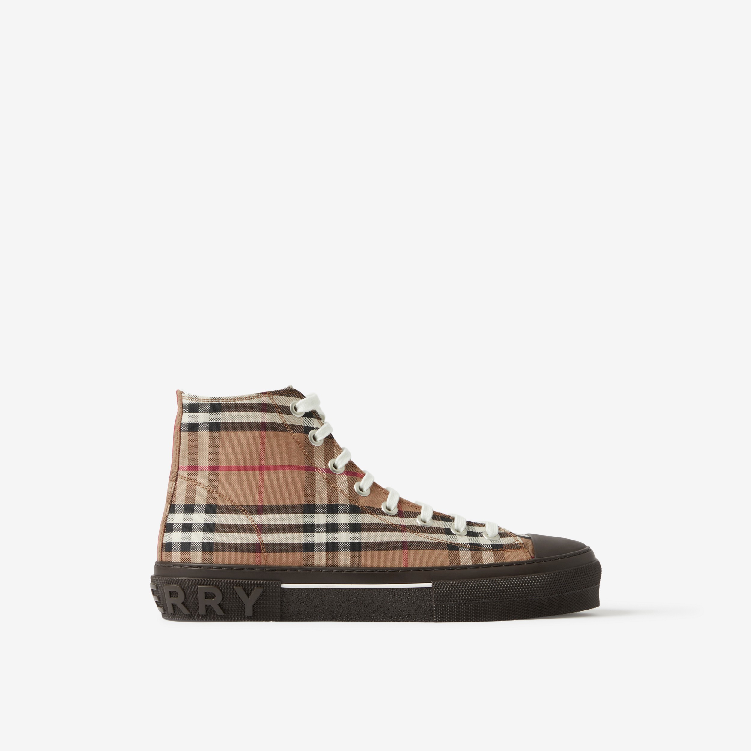 Check Cotton High-top Sneakers in Birch Brown - Men | Burberry® Official - 1