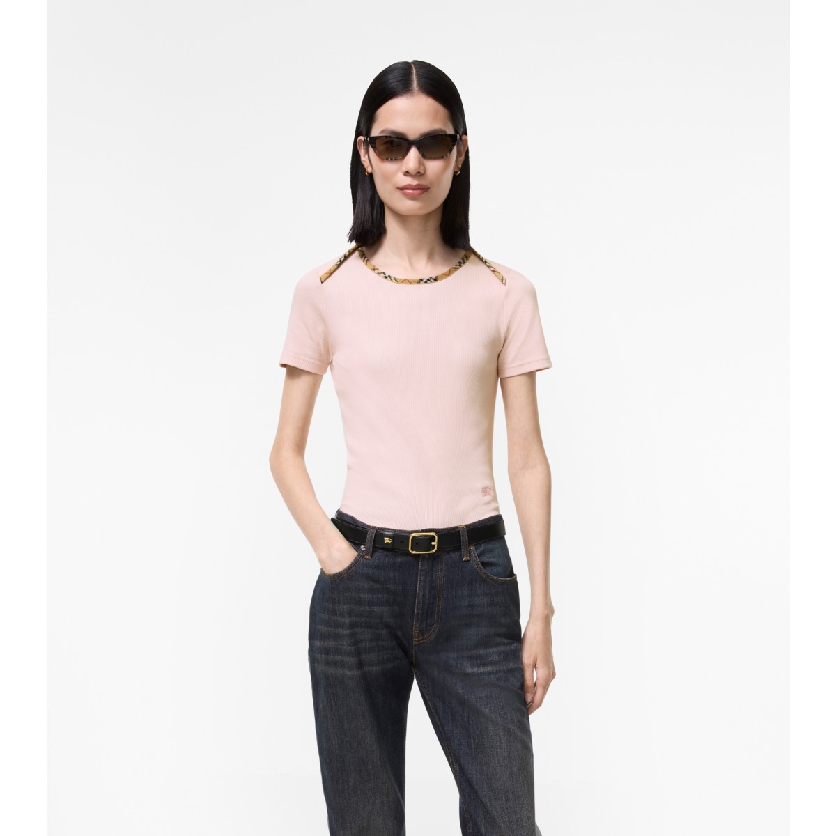  Check Trim Stretch Cotton T-shirt