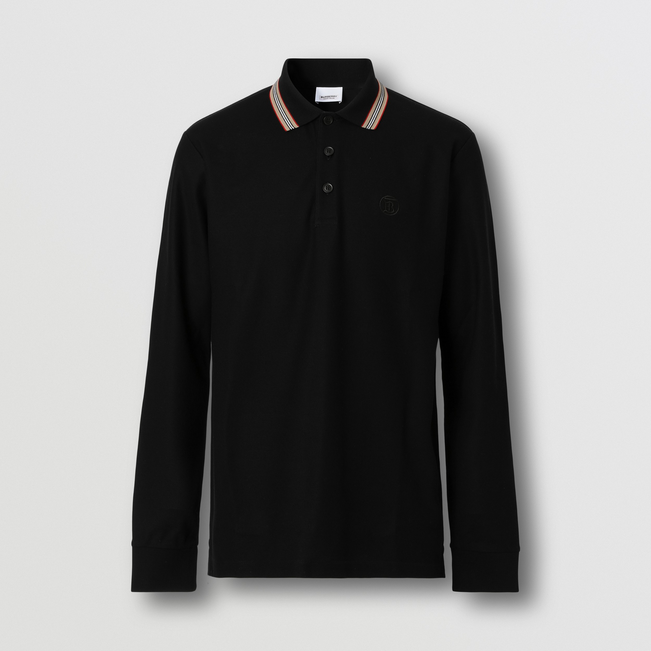 Long-sleeve Icon Stripe Collar Cotton Polo Shirt in Black - Men | Burberry® Official - 4