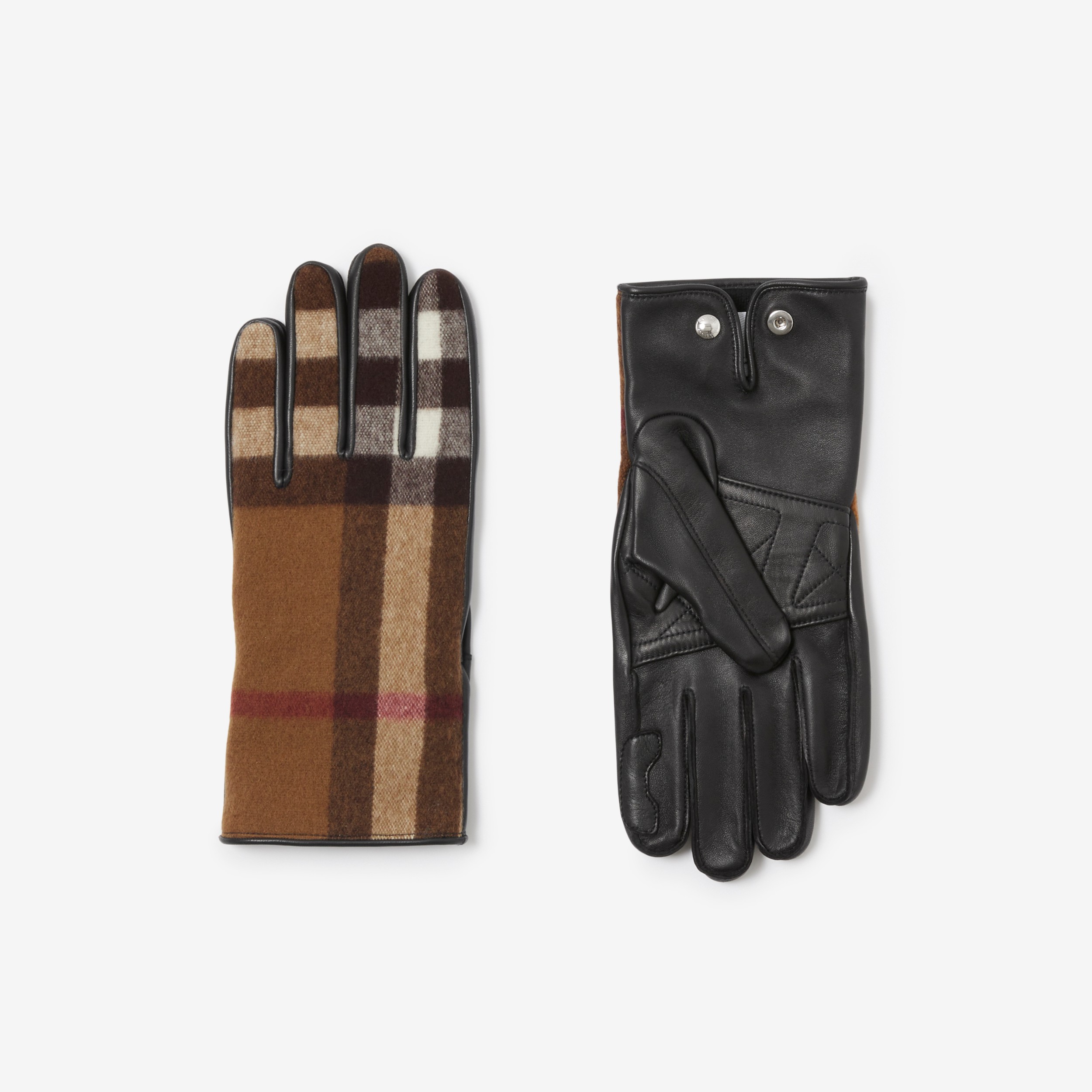 Cashmere-lined Exaggerated Check Wool and Leather Gloves in Birch Brown |  Burberry® Official