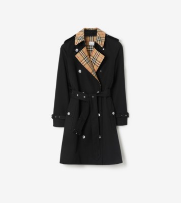 Short Check Collar Gabardine Trench Coat in Black - Women, Cotton |  Burberry® Official