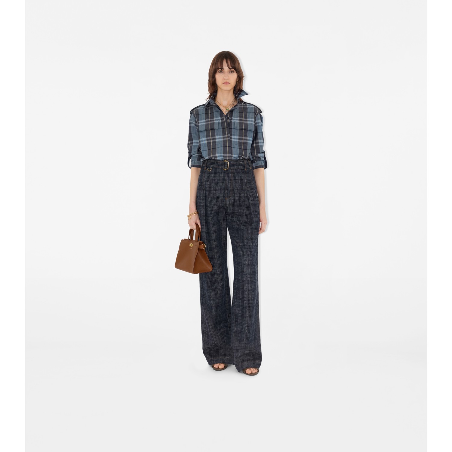 High Rise Wide Check Denim Jeans
