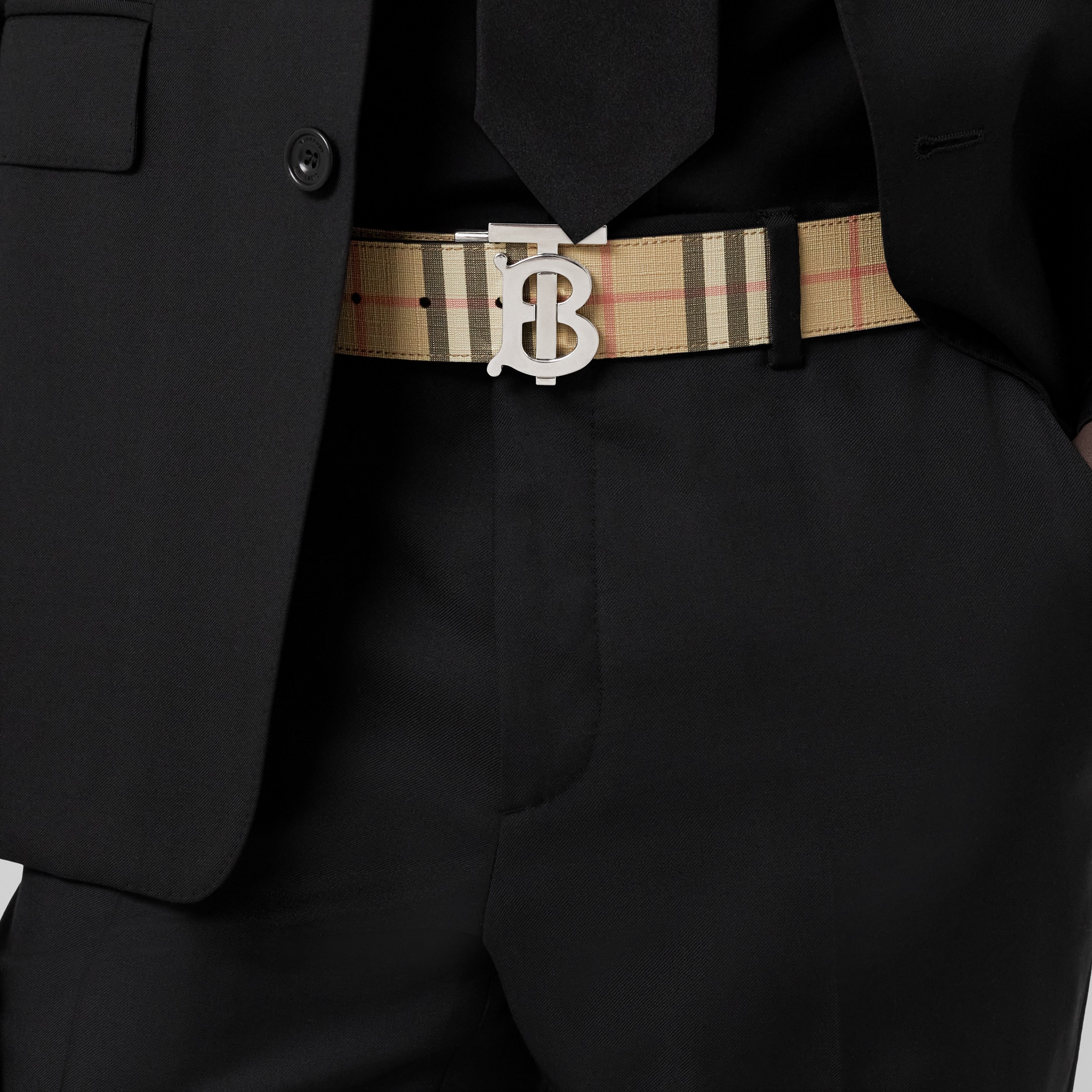 Check and Leather Reversible TB Belt in Archive Beige - Men | Burberry® Official - 3