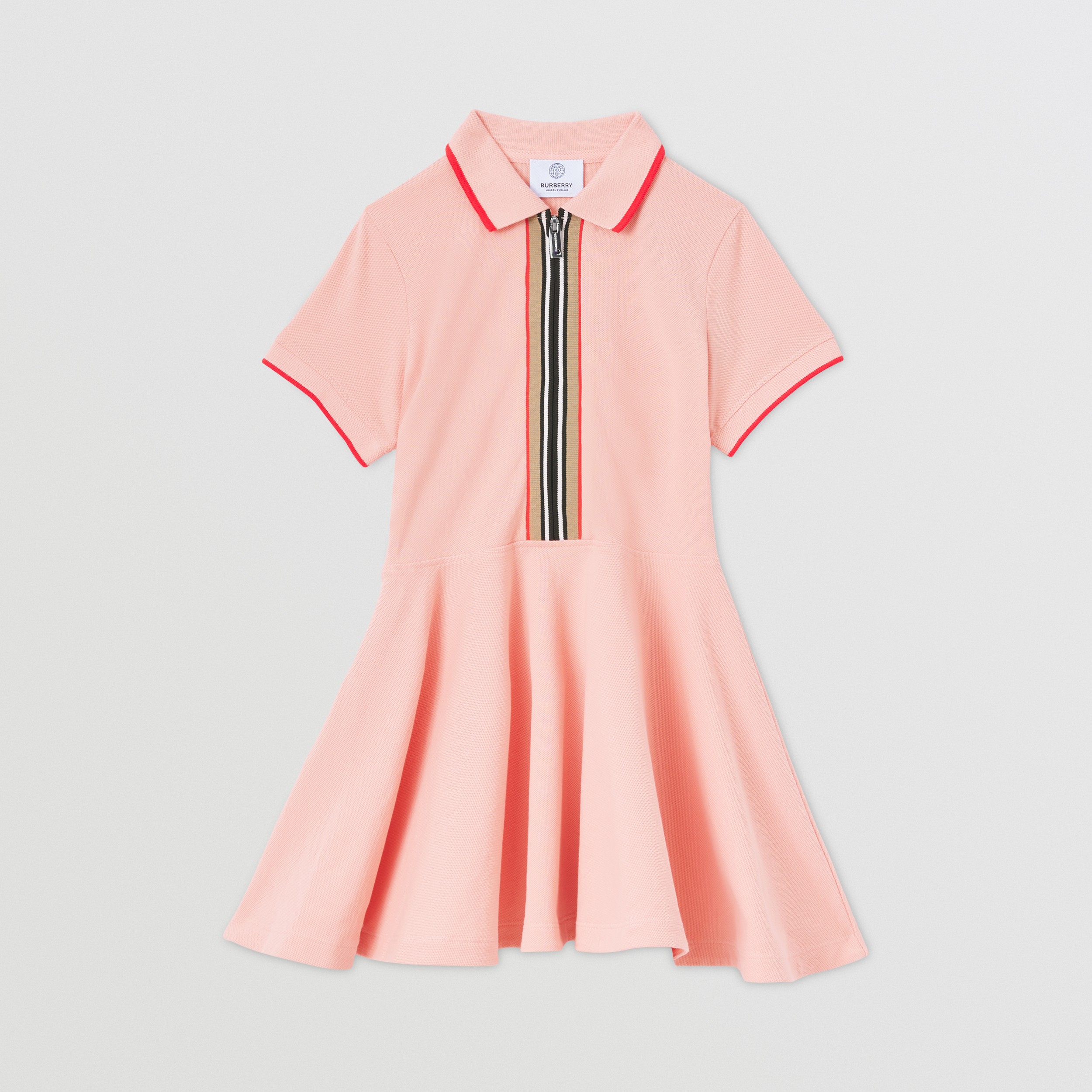 Vestido estilo camisa polo de algodão piquê com detalhe de listras icônicas (Rosa Argila Claro) - Crianças | Burberry® oficial - 1