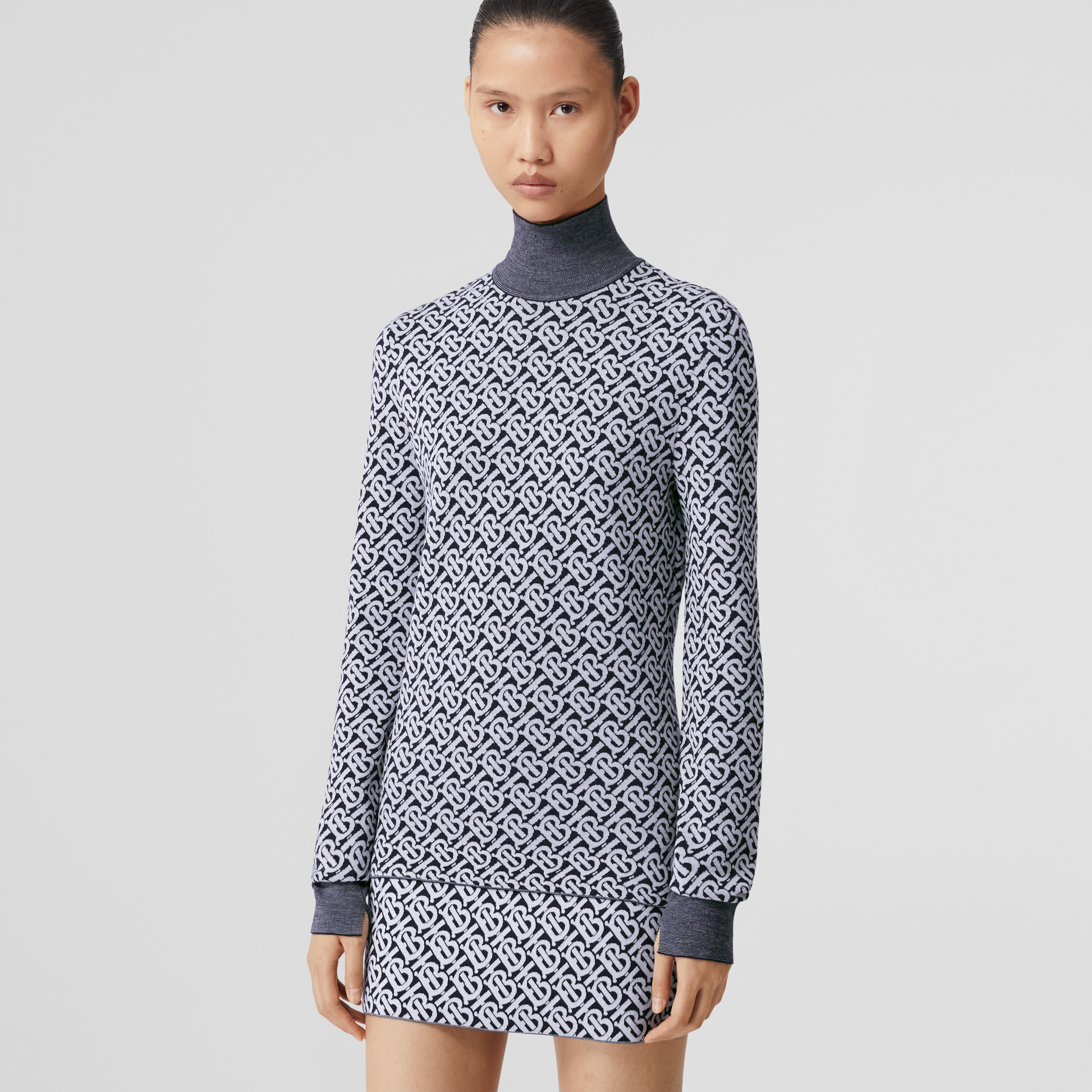 Monogram Wool Jacquard Turtleneck Sweater in Dark Charcoal Blue - Women | Burberry® Official - 1