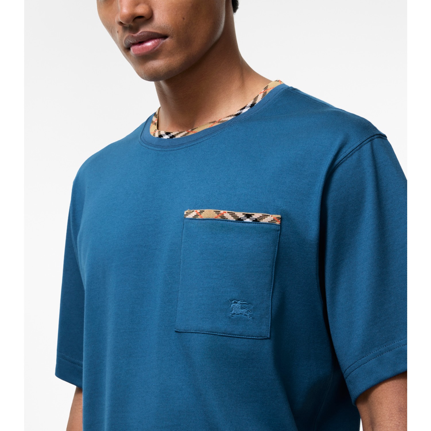 Check Trim Cotton T-shirt in Officers blue - Men | Burberry® Official