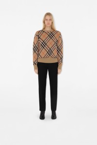Model wearing Burberry Check Knitwear with Black Trousers