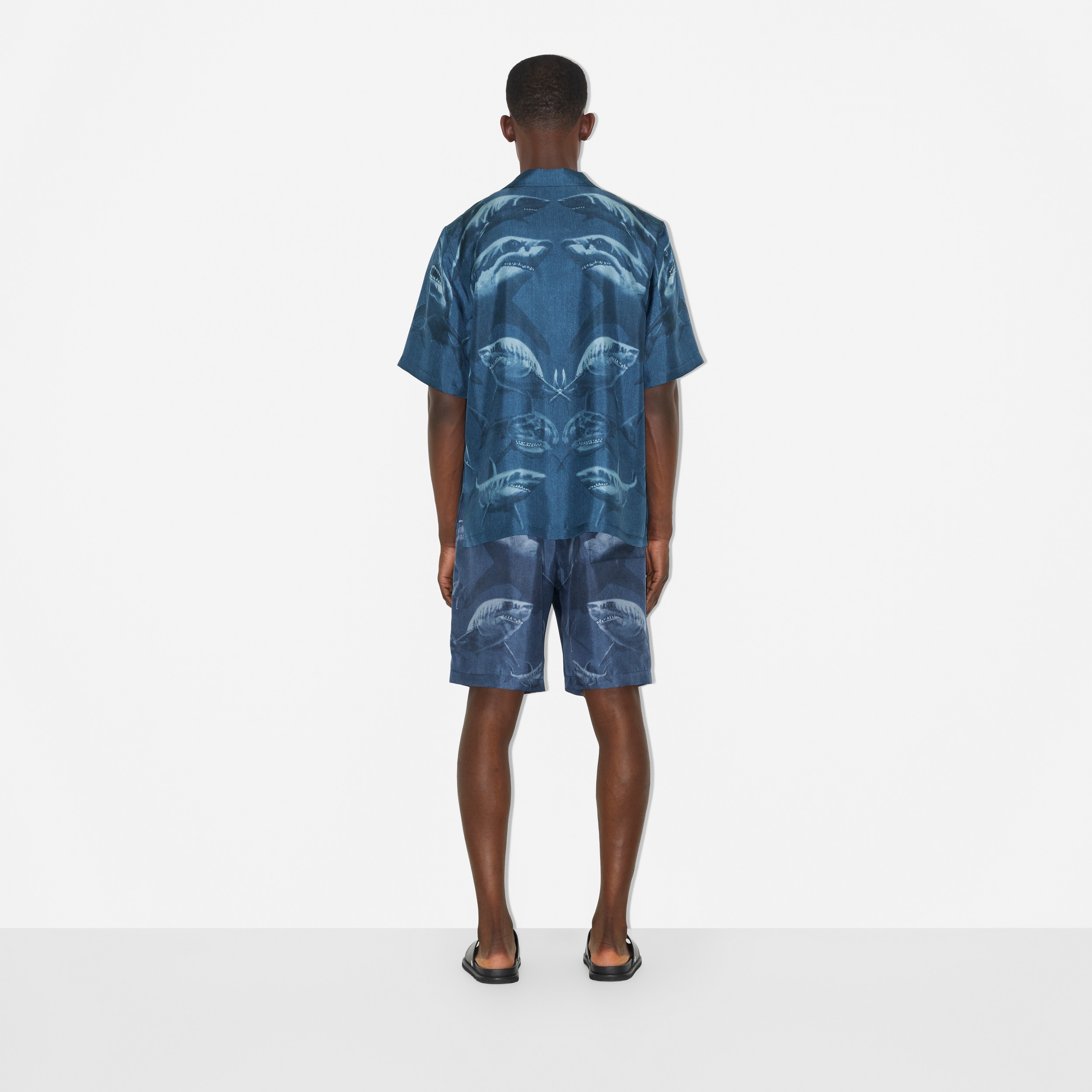 Shark Print Silk Shorts in Rich Navy - Men | Burberry® Official - 4