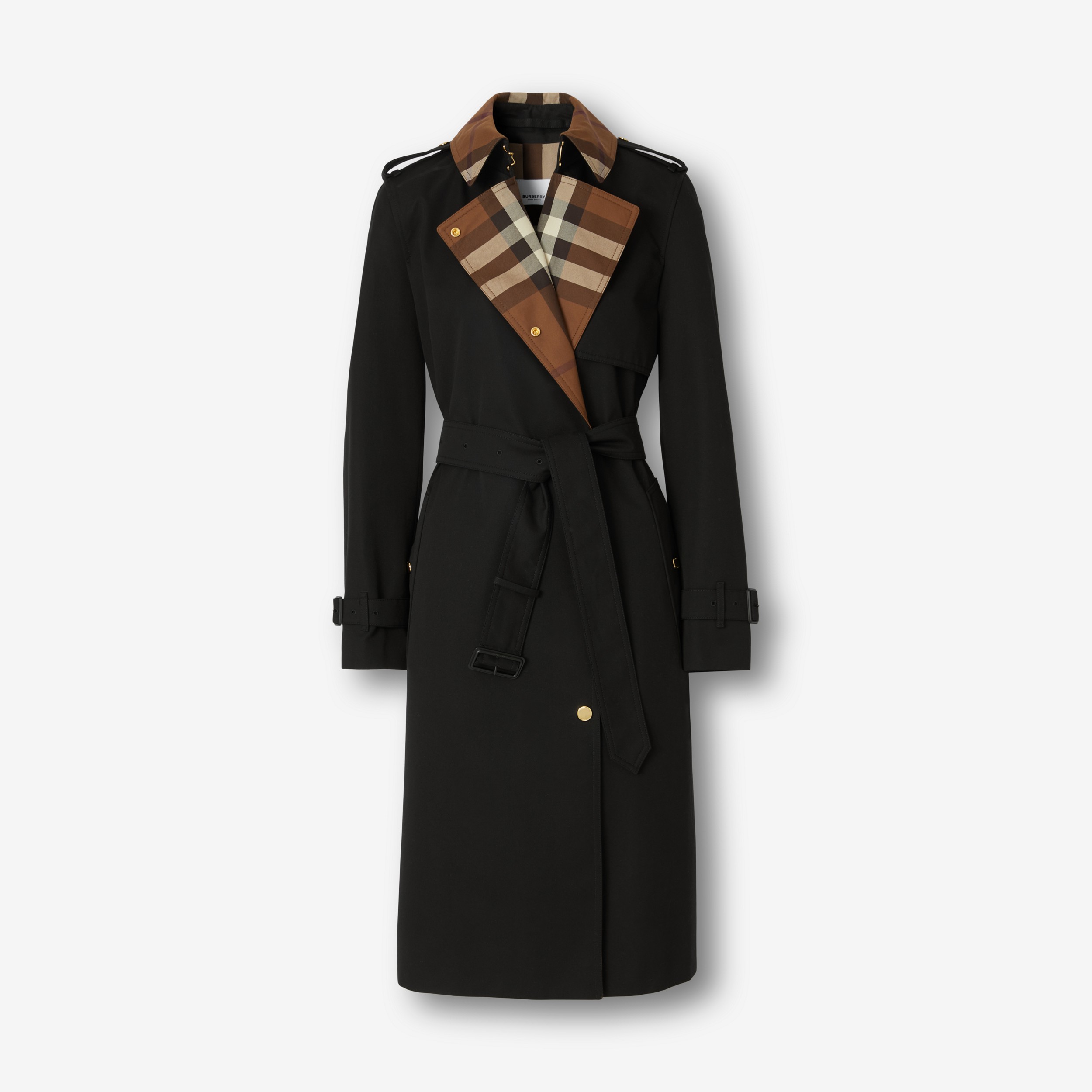 Trench coat de gabardine de algodão com recorte xadrez (Preto) - Mulheres | Burberry® oficial - 1