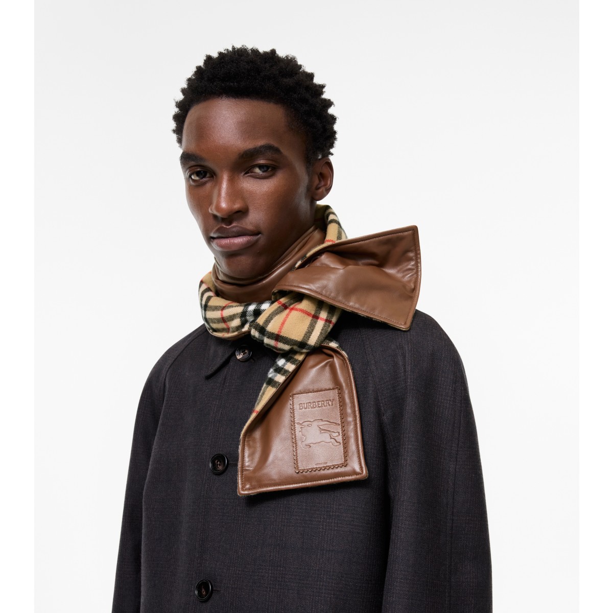  Check Narrow Reversible and Leather Scarf