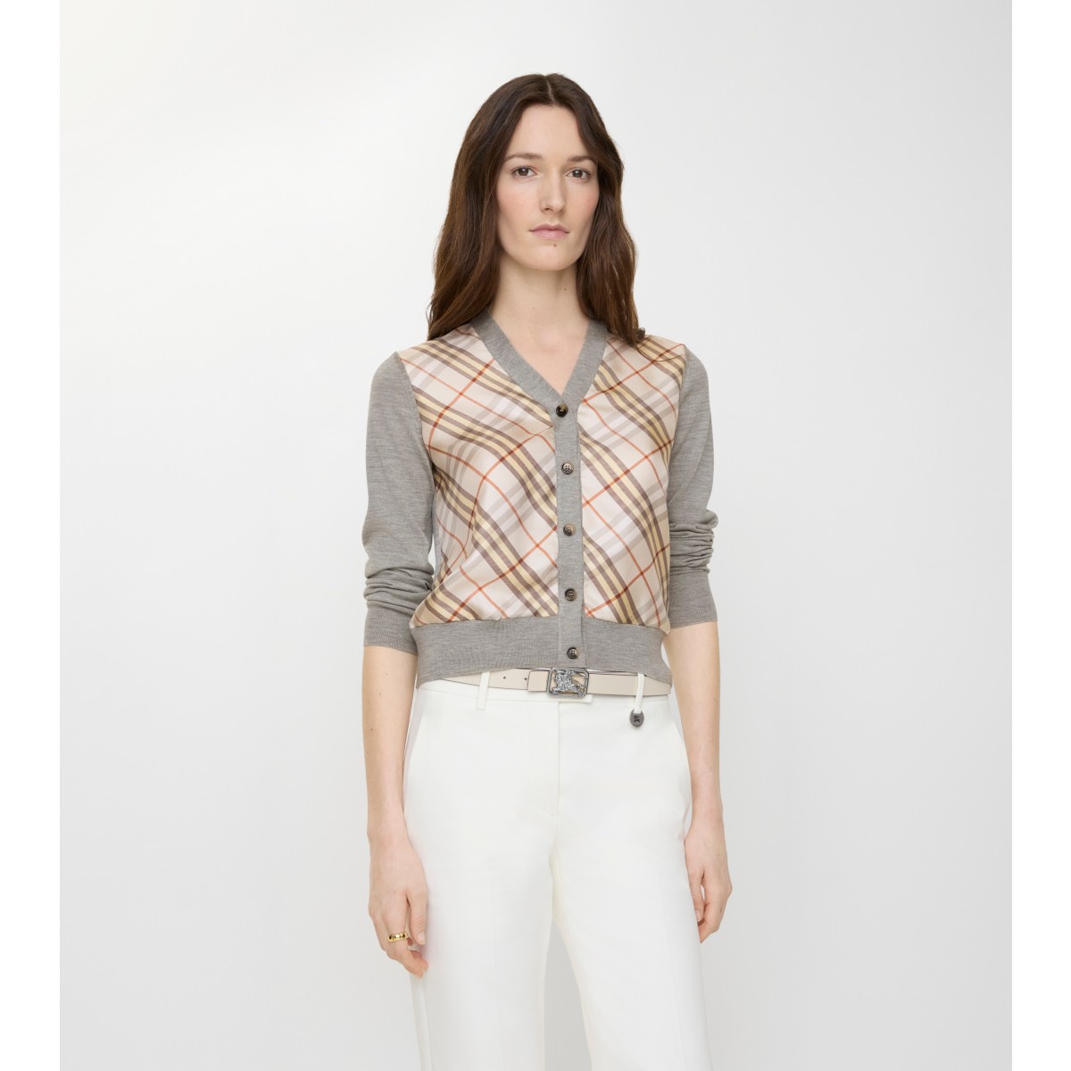  Check Panel Wool Silk Cardigan