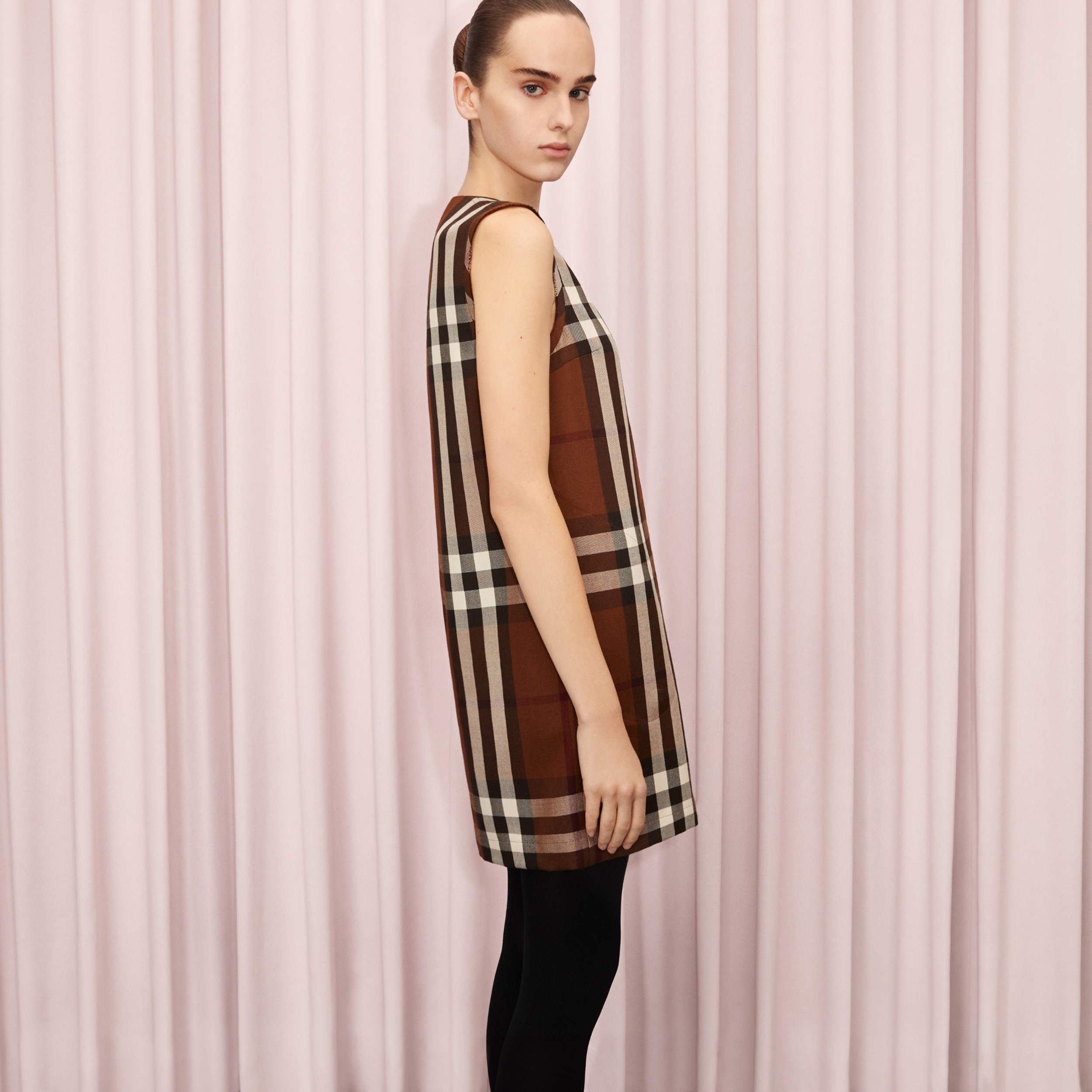 Sleeveless Check Wool Cotton Jacquard Dress in Dark Birch Brown - Women | Burberry® Official - 2