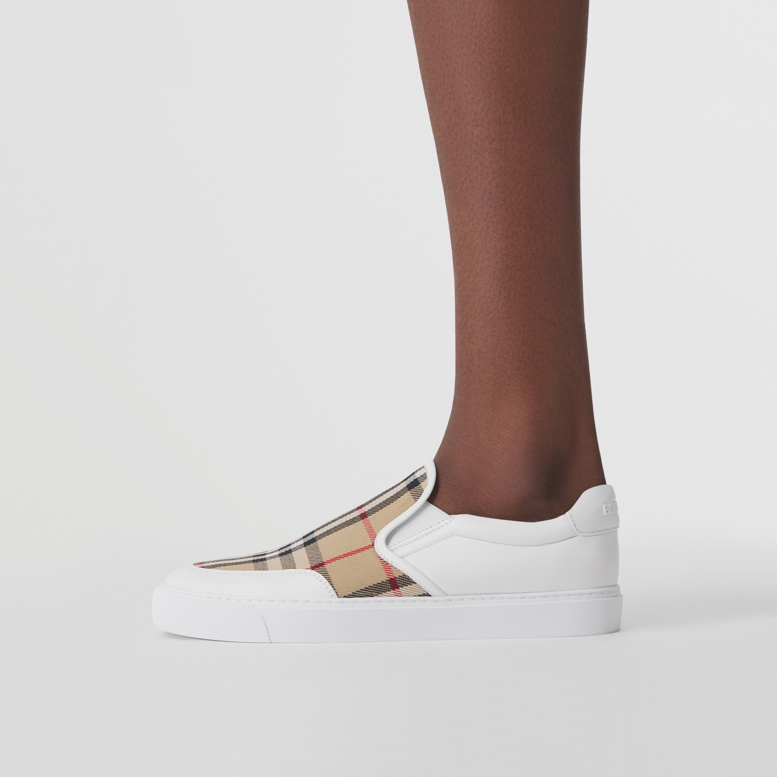 Leather and Vintage Check Slip-on Sneakers in White/archive Beige - Women | Burberry® Official - 3