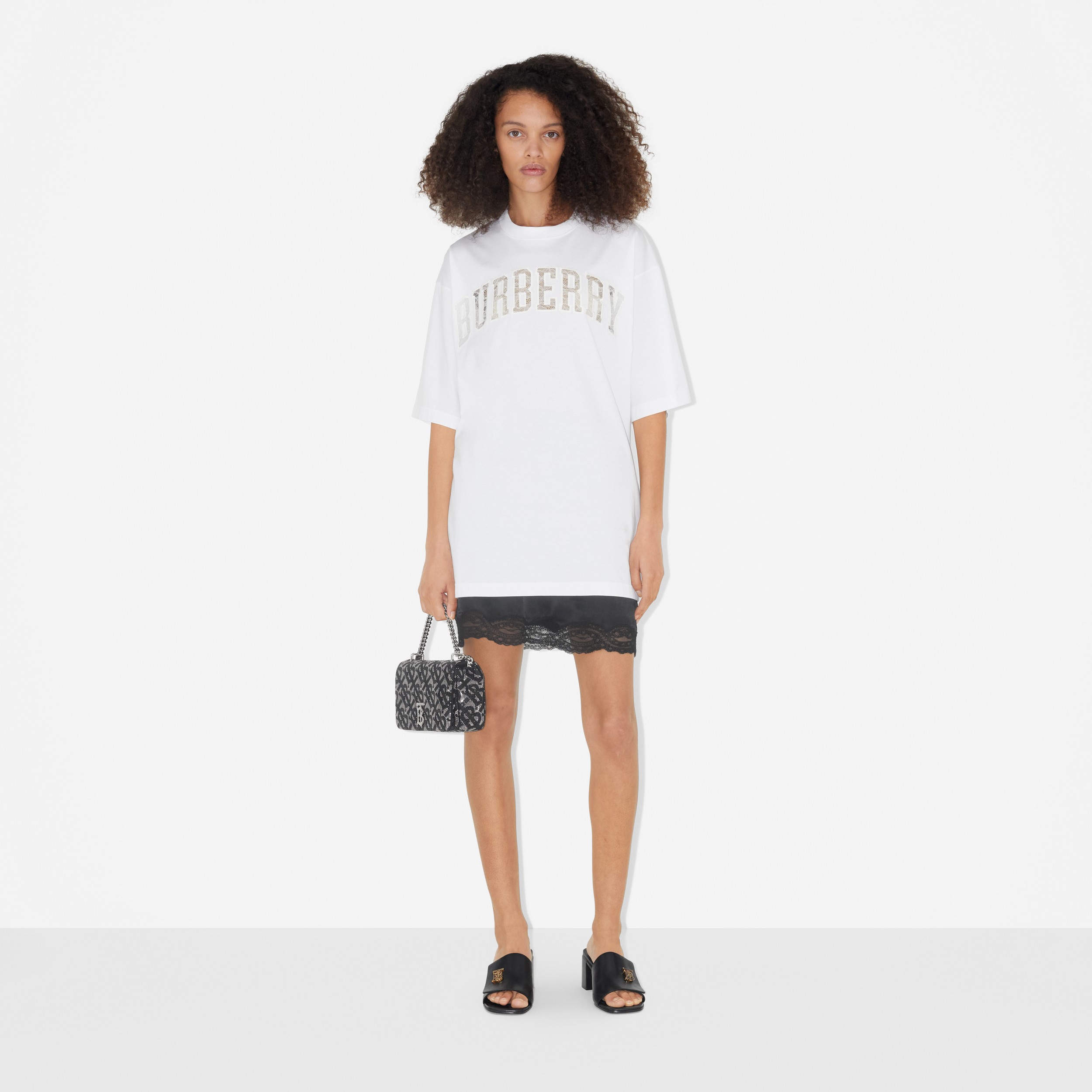 Lace Logo Cotton Oversized T-shirt in Optic White - Women | Burberry® Official - 2