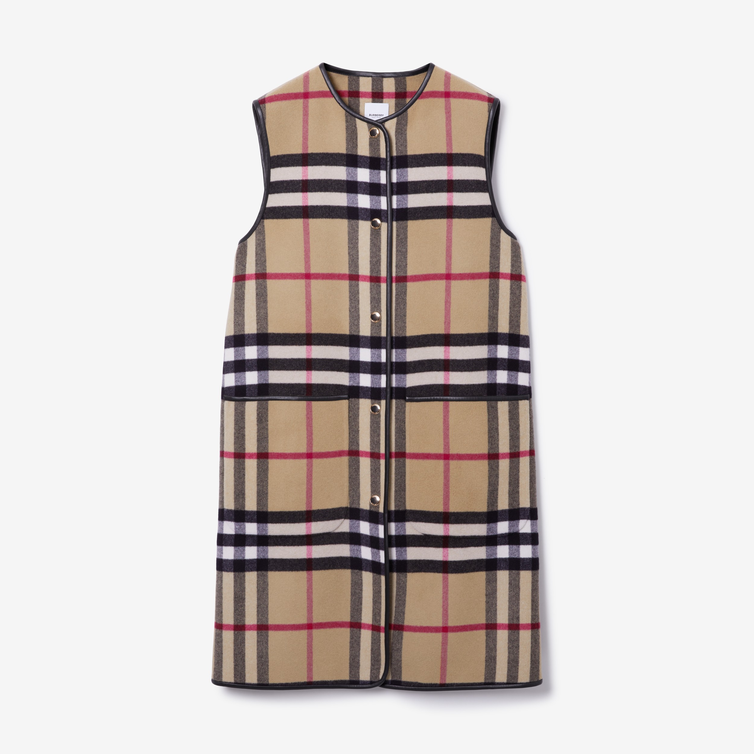 Check Technical Wool Long Heritage Warmer in Archive Beige - Women | Burberry® Official - 1