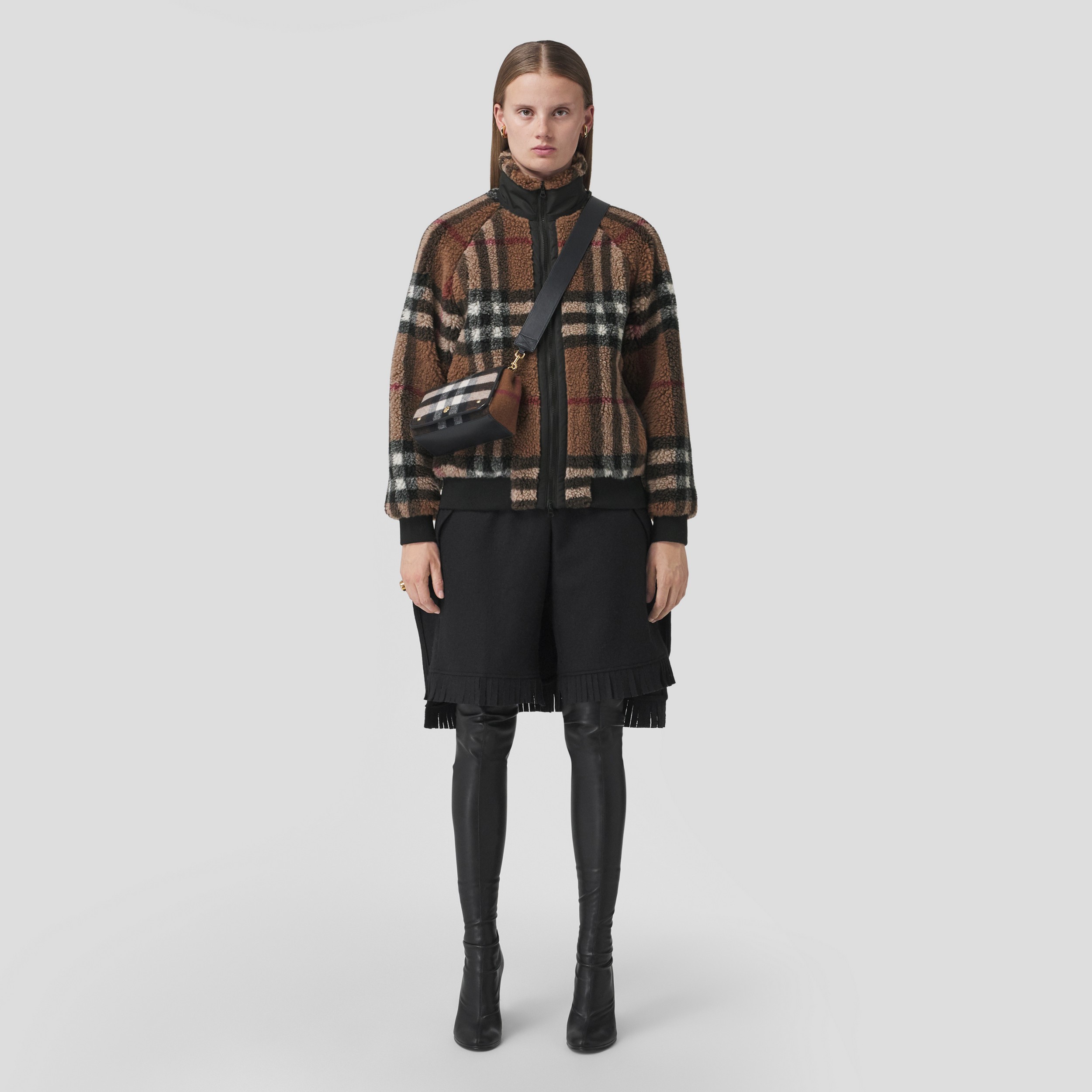 Check Wool Cashmere Blend Fleece Jacket in Birch Brown - Women | Burberry® Official - 1