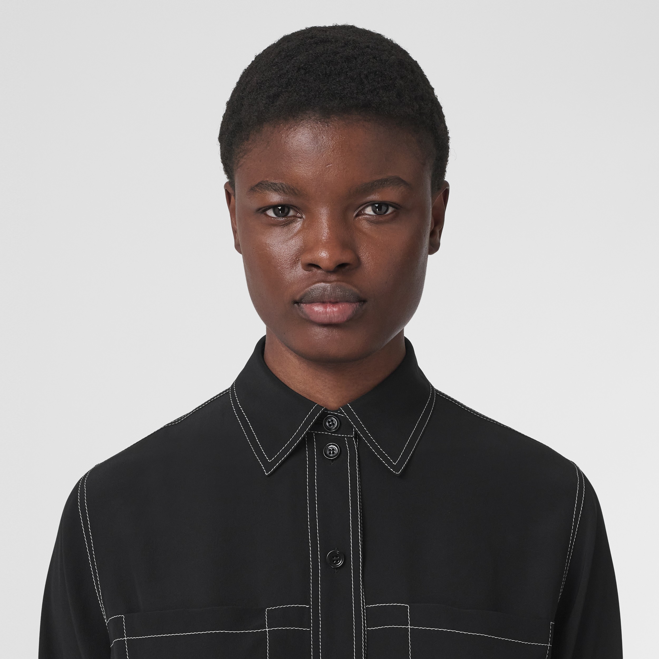 Topstitched Silk Crepe de Chine Shirt in Black - Women | Burberry® Official - 2
