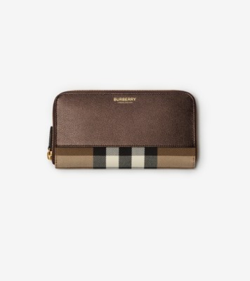 Large Check and Leather Zip Wallet in Bronze brown - Women | Burberry® Official