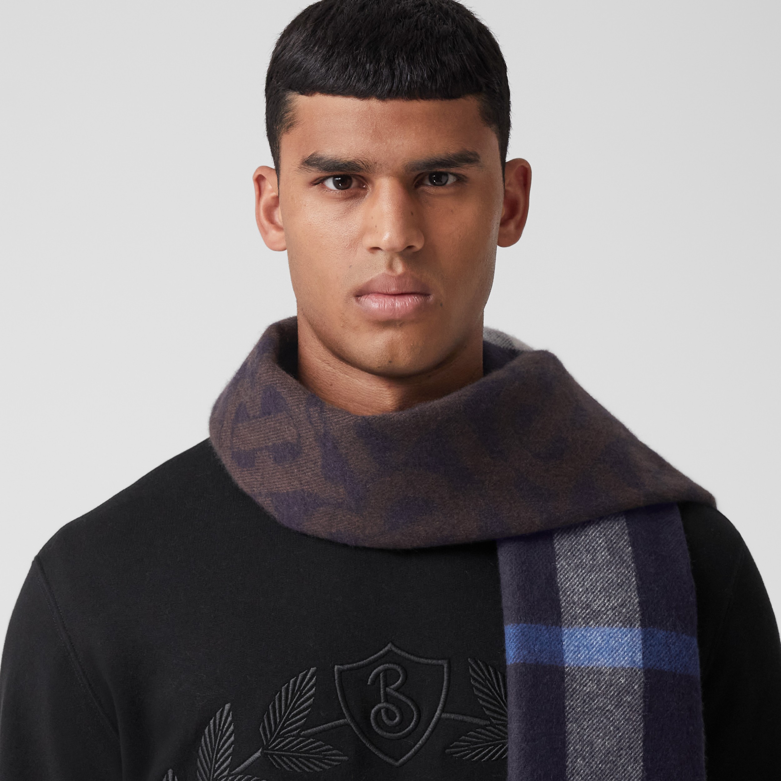 Reversible Check and Monogram Cashmere Scarf in Dark Charcoal Blue