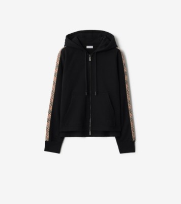 Check Trim Cotton Zip Hoodie in Black - Women | Burberry® Official