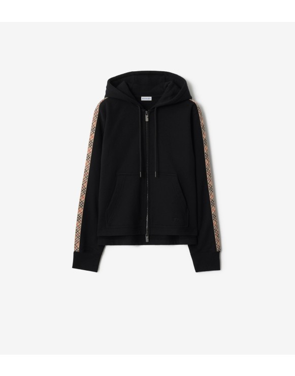 Felpa in cotone con cappuccio, cerniera e finiture Check