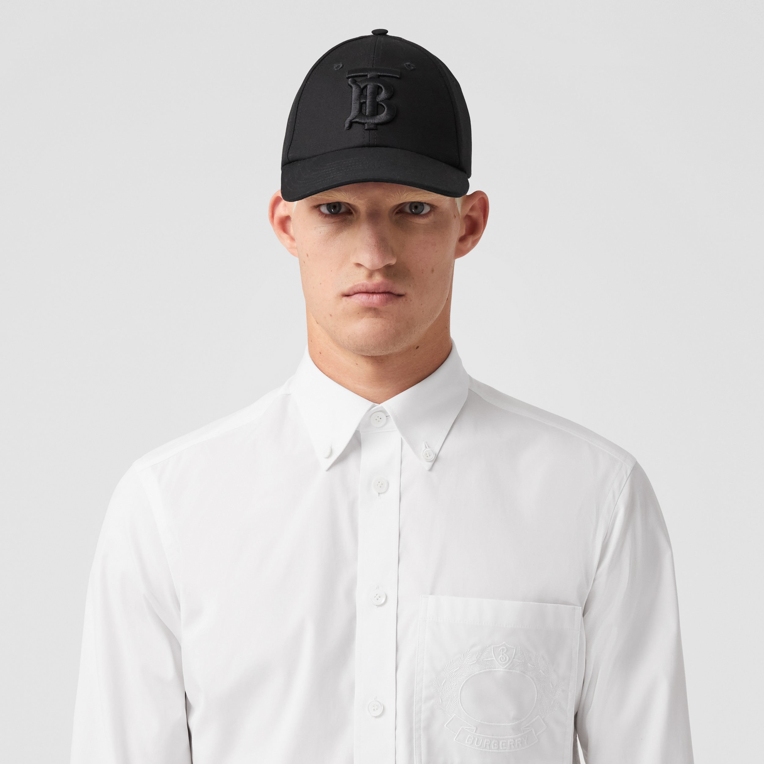Embroidered Oak Leaf Crest Stretch Cotton Shirt in Optic White - Men | Burberry® Official - 2