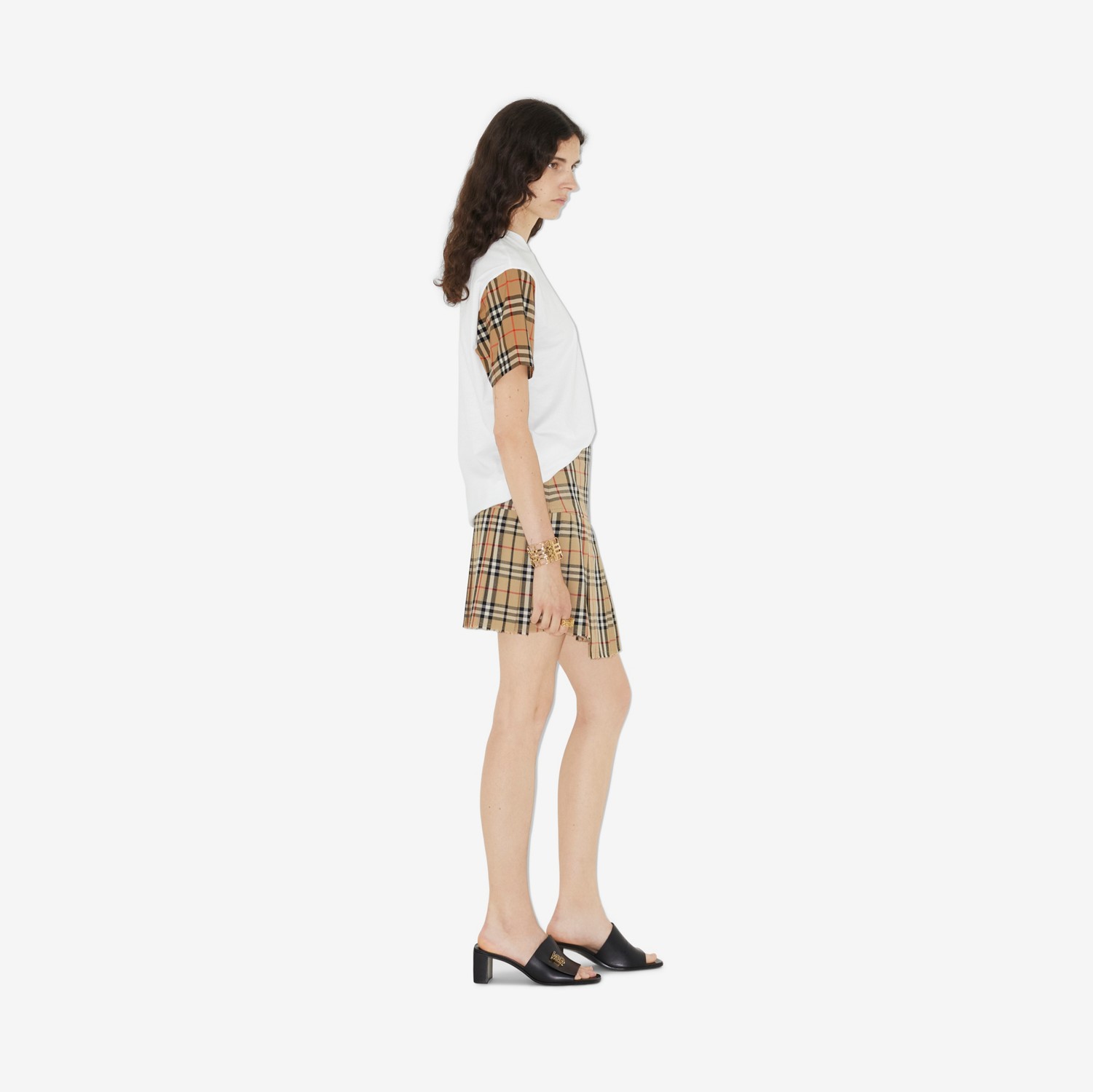 チェック スリーブ コットンTシャツ (ホワイト) - ウィメンズ チェック スリーブ コットンTシャツ (ホワイト) - ウィメンズ