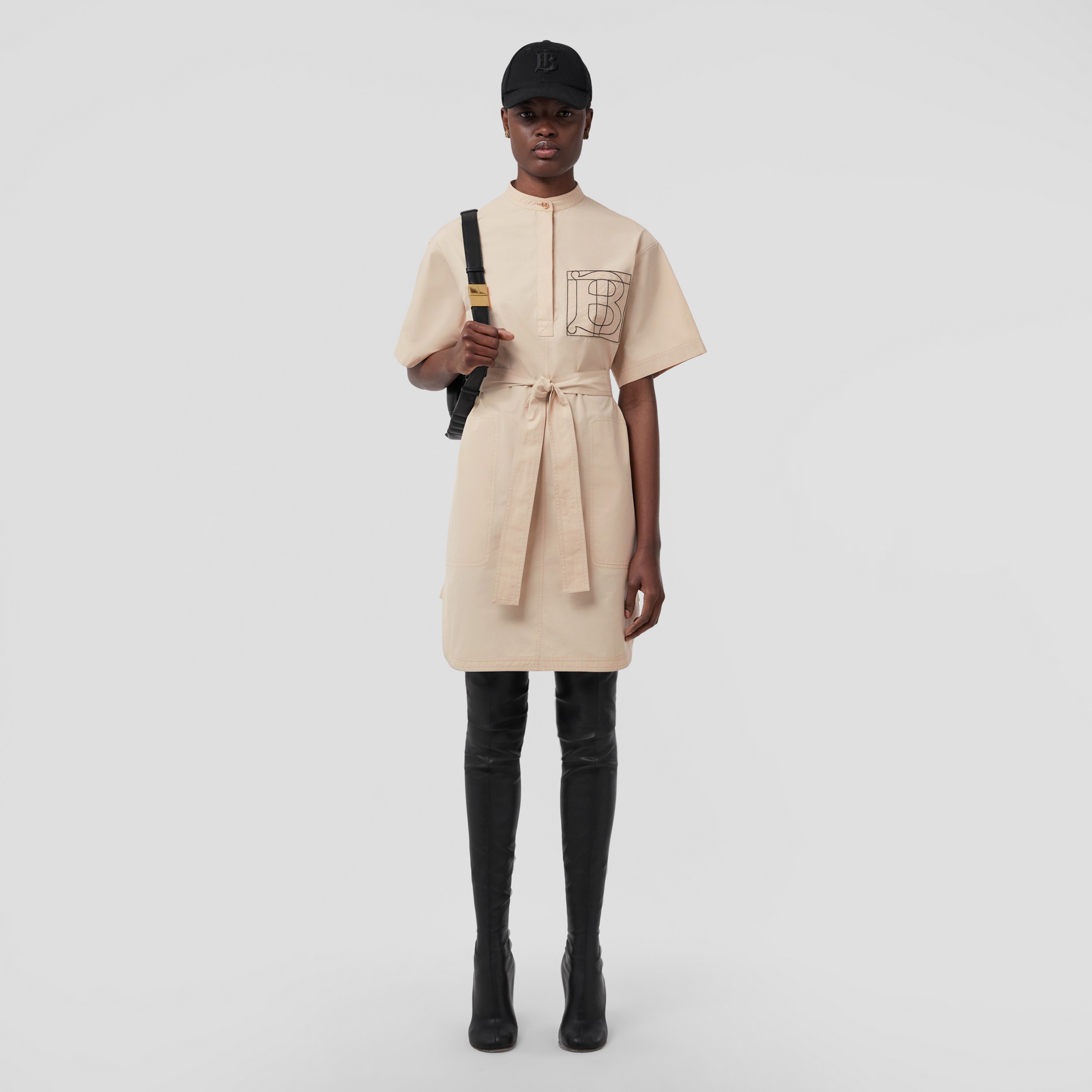 Monogram Motif Cotton Tie-waist Shirt Dress in Almond Beige - Women | Burberry® Official - 1