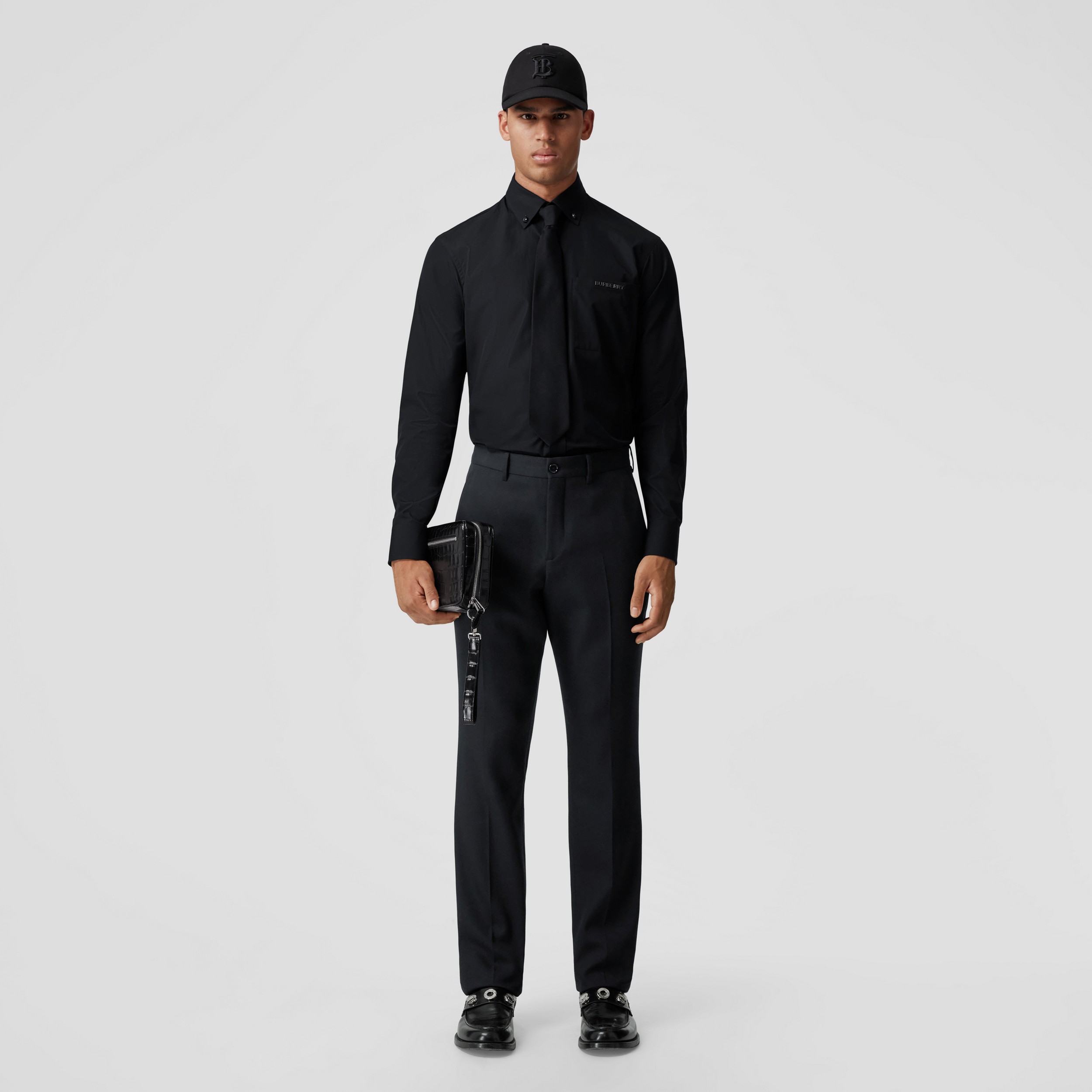 Slim Fit Button-down Collar Logo Detail Cotton Shirt in Black - Men | Burberry® Official - 1
