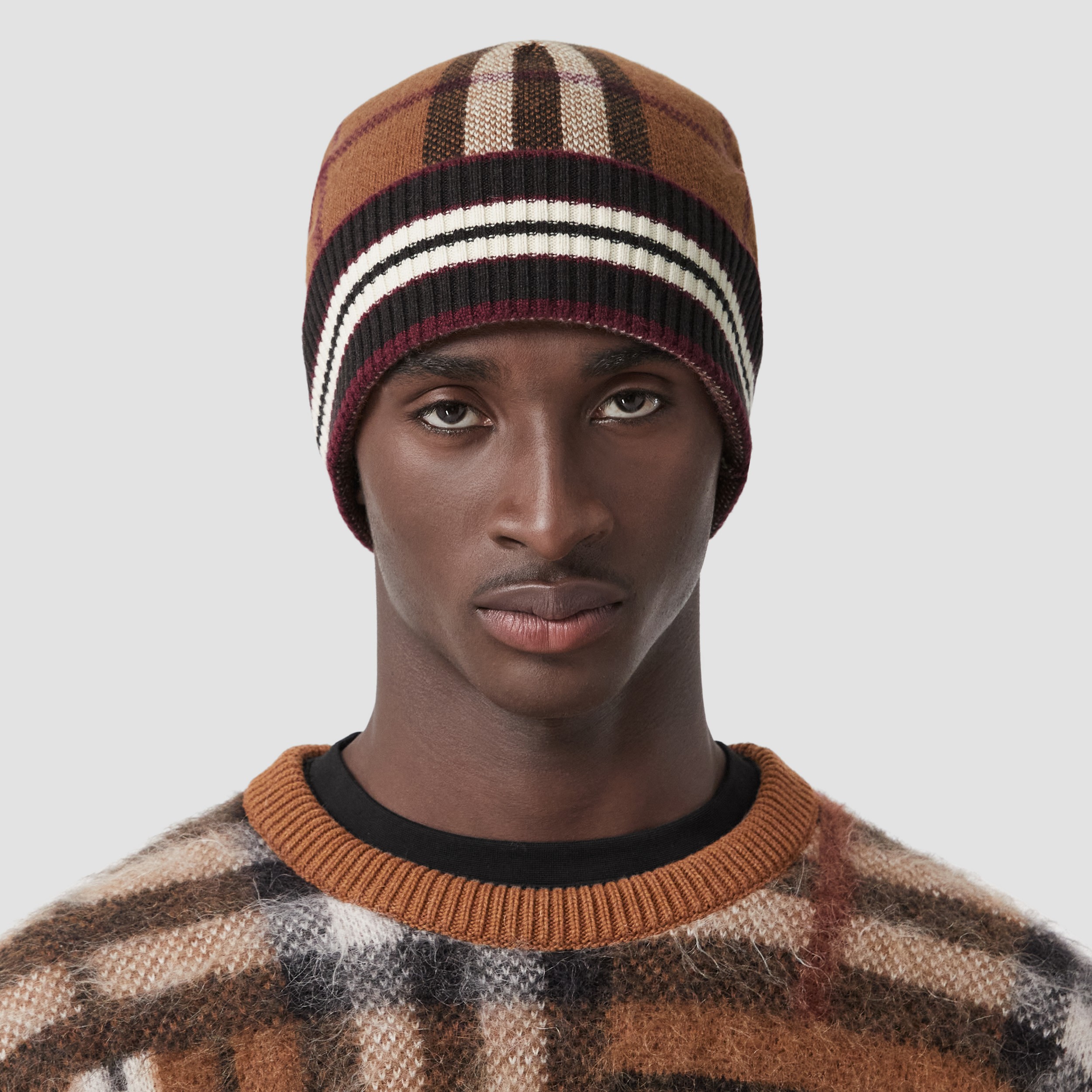 Check and Stripe Cashmere Beanie in Dark Birch Brown | Burberry® Official - 3