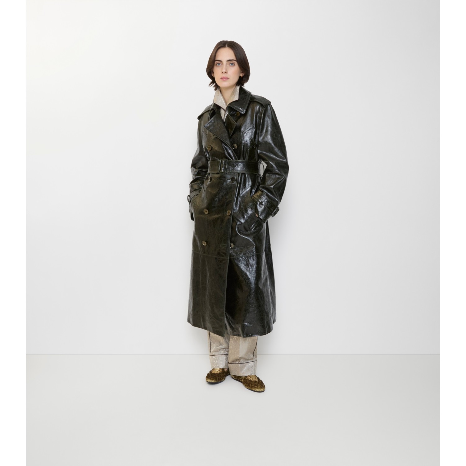 Long Embossed Leather Trench Coat in Moat green - Women | Burberry® Official