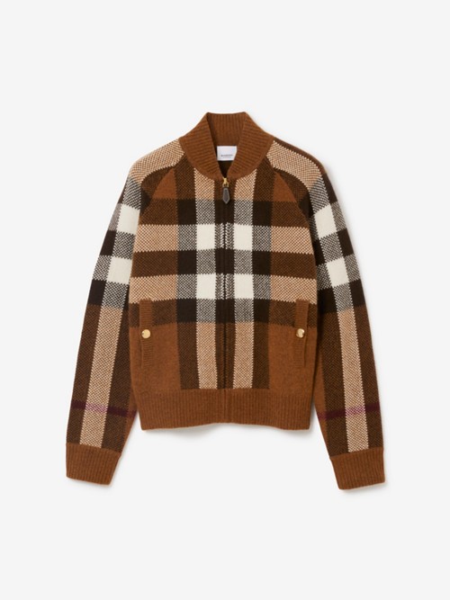 Burberry Check Wool Cashmere Bomber Jacket In Brown
