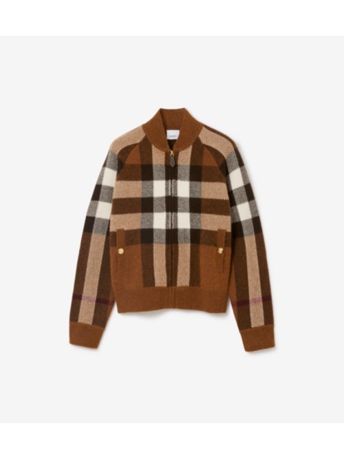 Shop Burberry Check Wool Cashmere Bomber Jacket In Dark Birch Brown