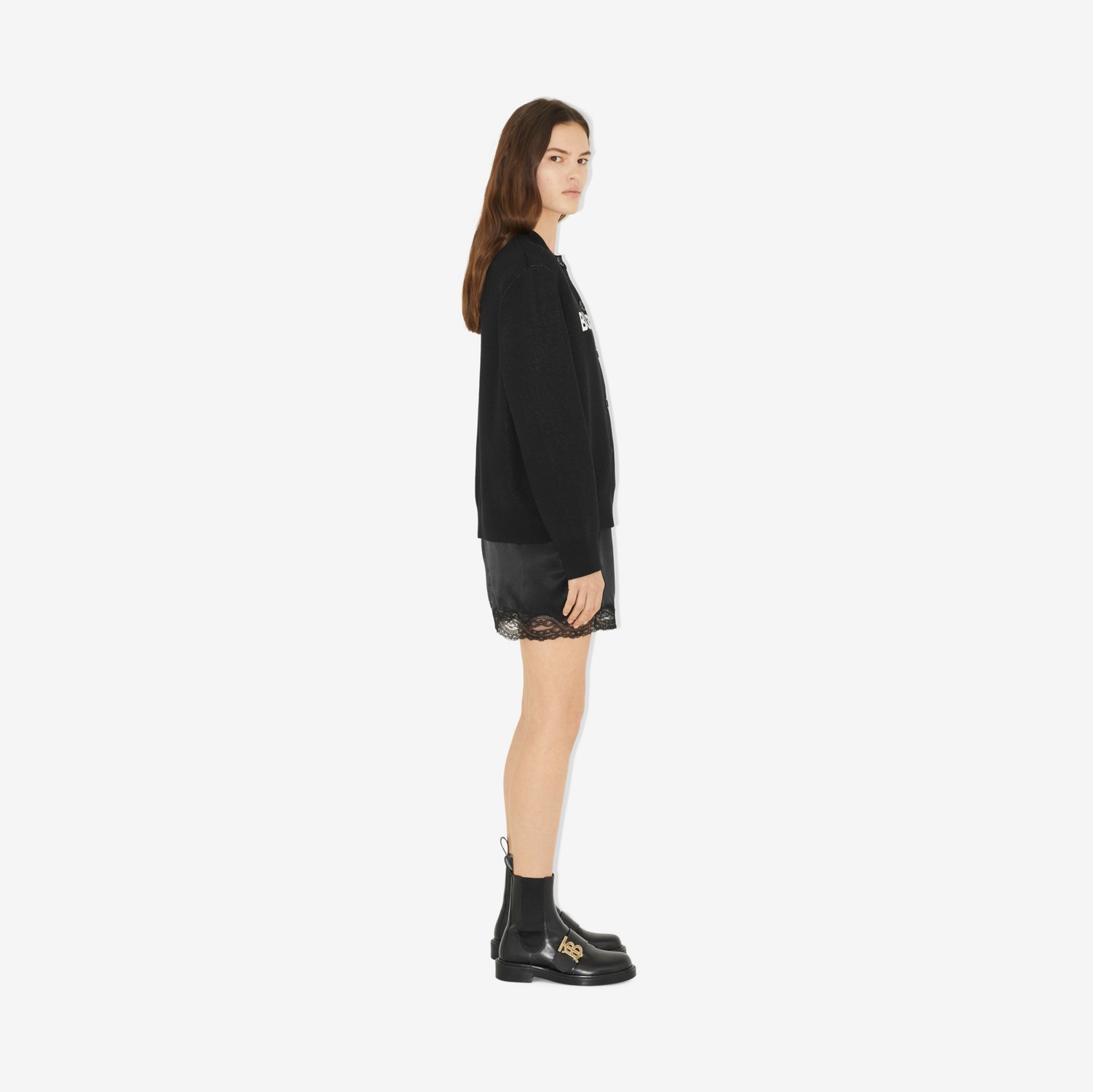 Cárdigan oversize en lana y algodón con logotipo (Negro) - Mujer | Burberry® oficial