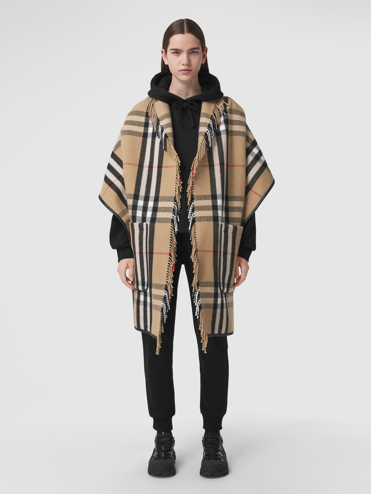 Check Wool Cashmere Cape in Archive Beige