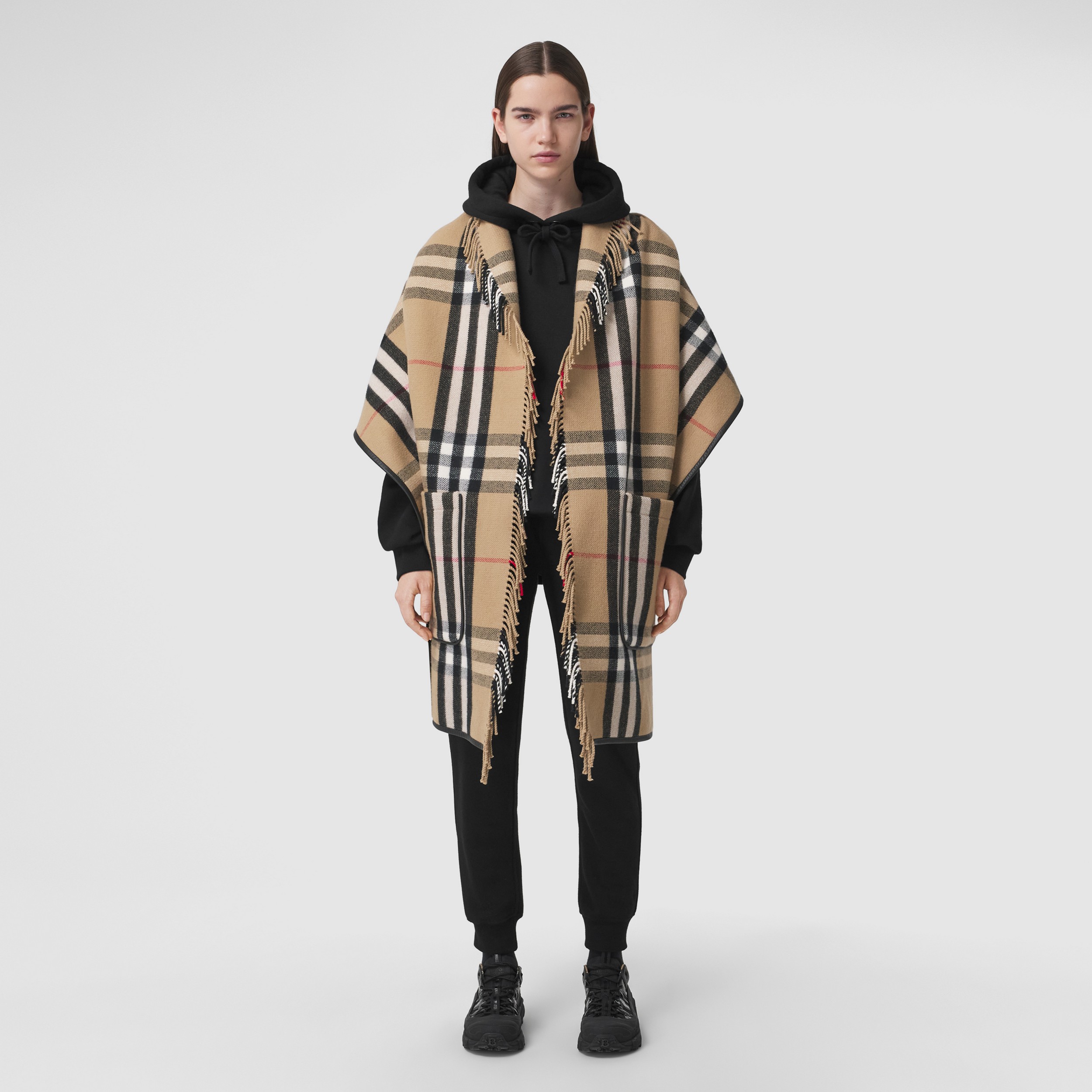 Exaggerated Check Wool Cashmere Cape in Archive Beige | Burberry® Official - 1