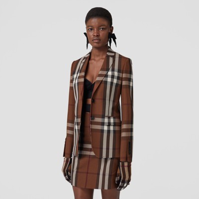 Check Wool Blend Jacquard Tailored Jacket in Dark Birch Brown - Women | Burberry® Official