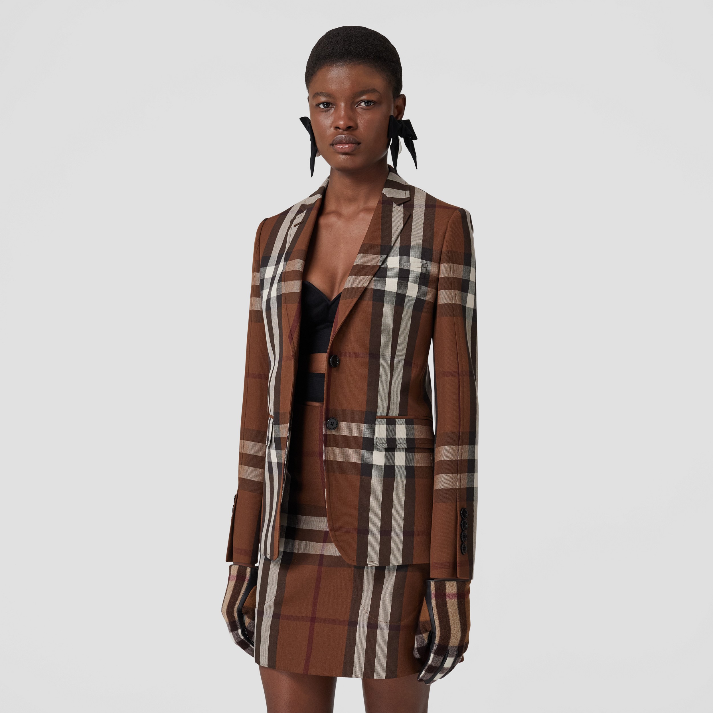 Check Wool Cotton Jacquard Tailored Jacket in Dark Birch Brown - Women | Burberry® Official - 4