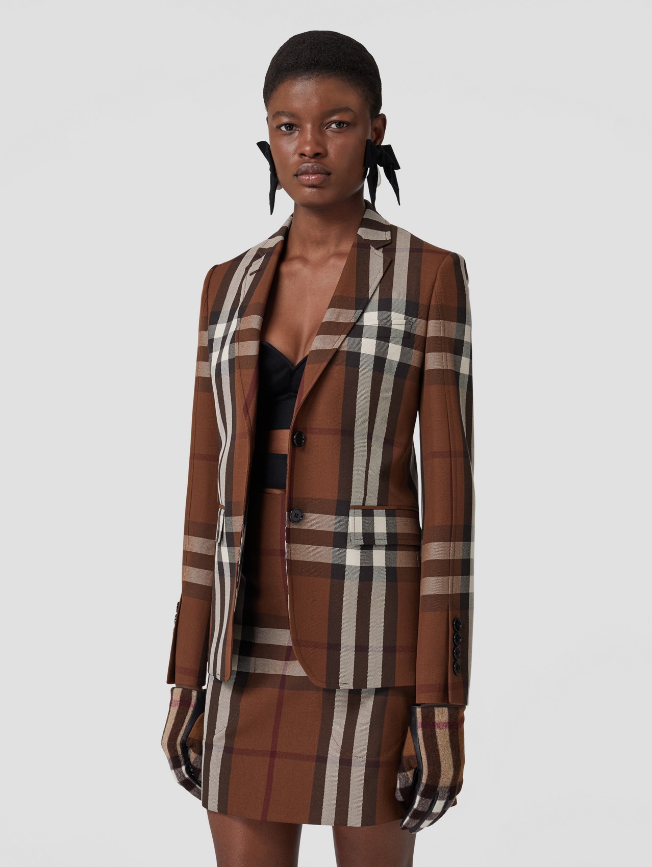Exaggerated Check Wool Tailored Jacket in Dark Birch Brown - Women 