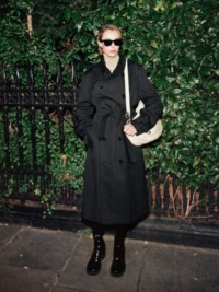 Model wearing Long Black Trench Coat