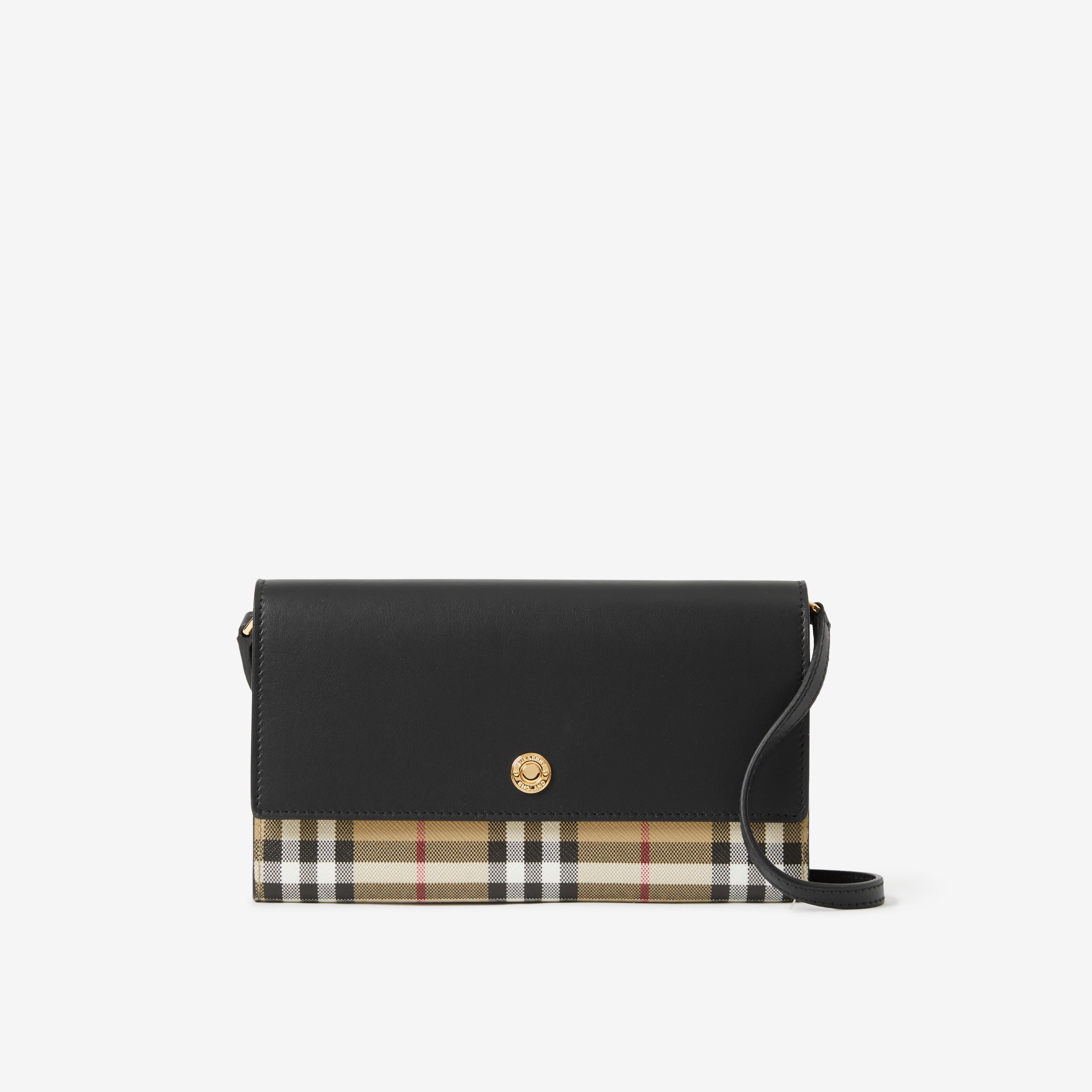 Check and Leather Wallet with Detachable Strap in Archive Beige/black - Women | Burberry® Official - 1