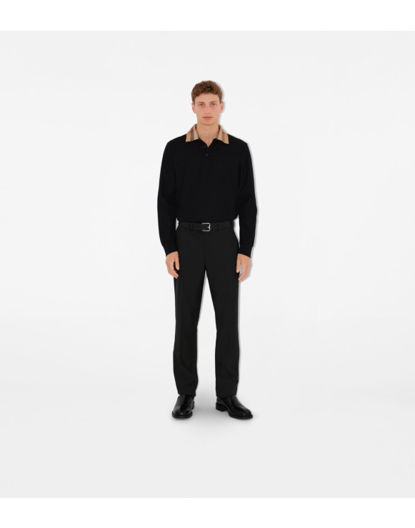 Long-sleeve Check Collar Cotton Polo Shirt