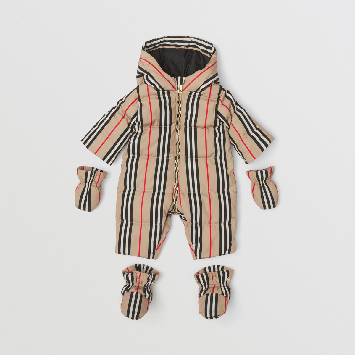 Burberry Kid's Hooded Icon Stripe Snowsuit In Archive Beige