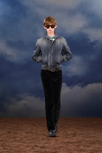 Burberry SS26 Show model Joseph Keeler wearing a Coated denim Harrington jacket and Burberry Check leather Tone boots