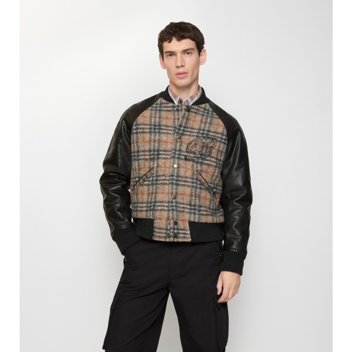  Check Wool and Leather Bomber Jacket