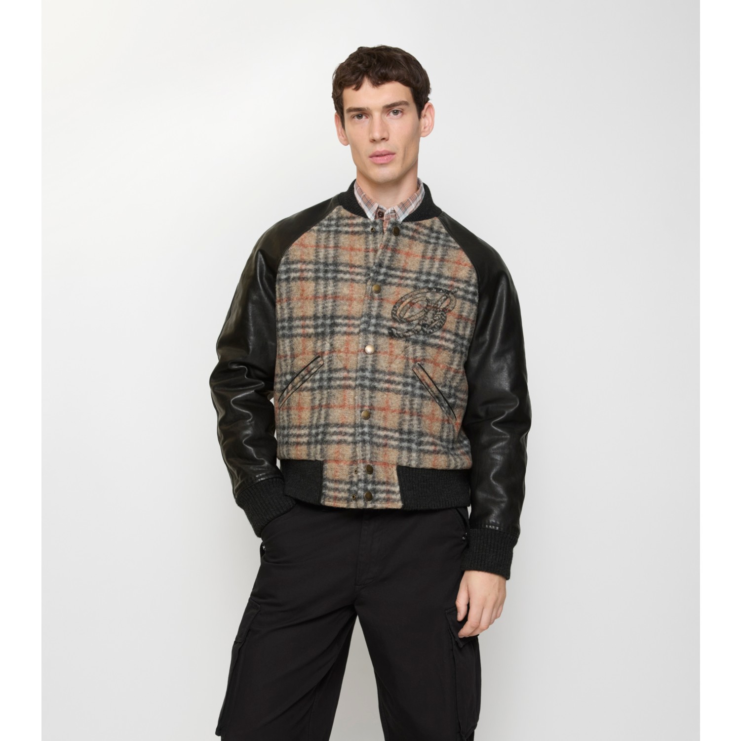 Check Wool and Leather Bomber Jacket