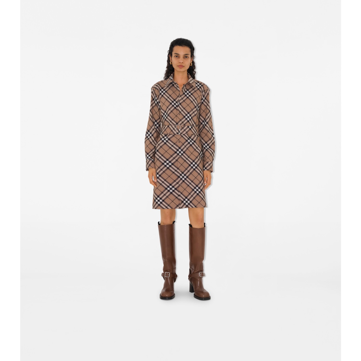 Check Wool Blend Shirt Dress in Linden - Women | Burberry® Official