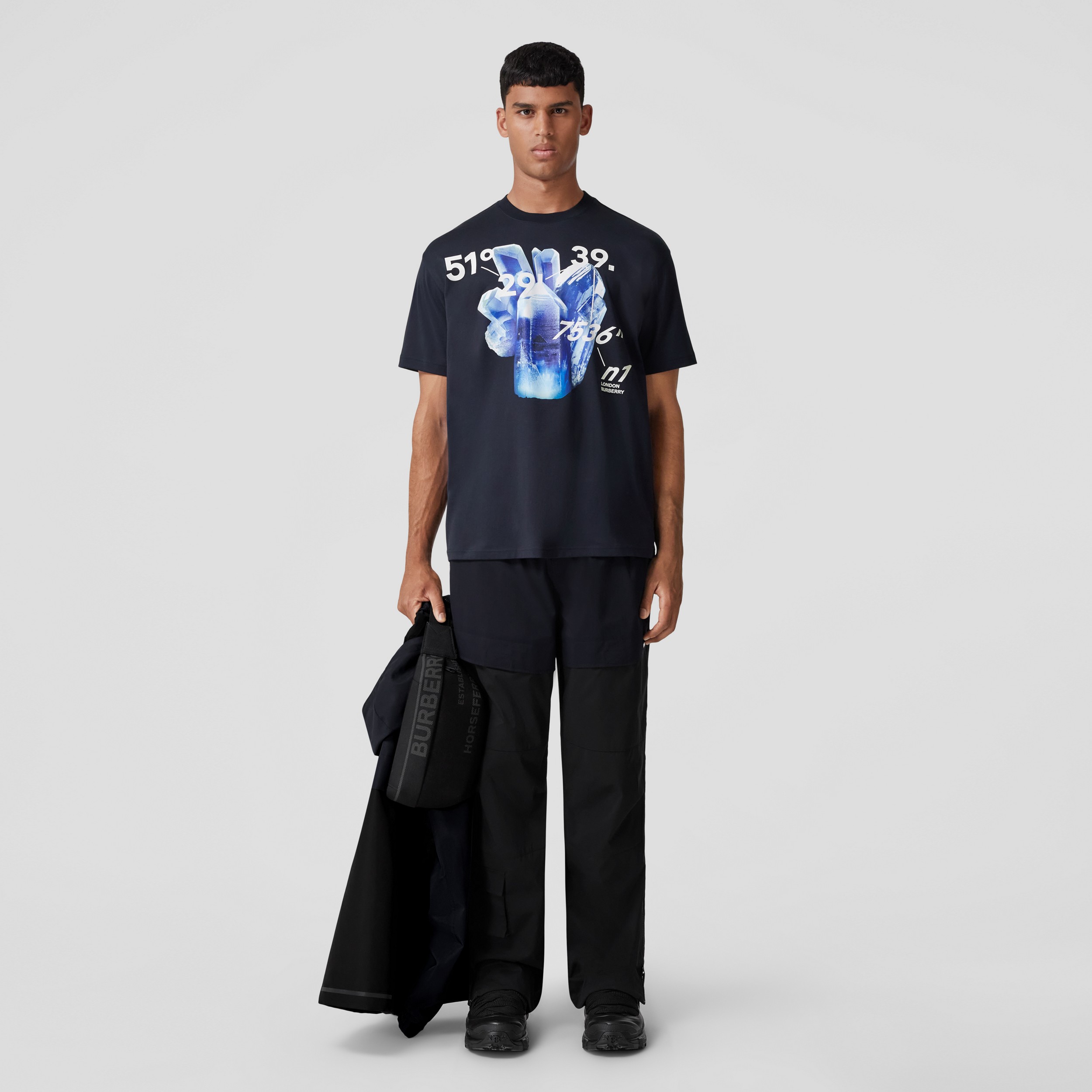Crystal and Coordinates Print Cotton T-shirt in Dark Charcoal Blue - Men | Burberry® Official - 1