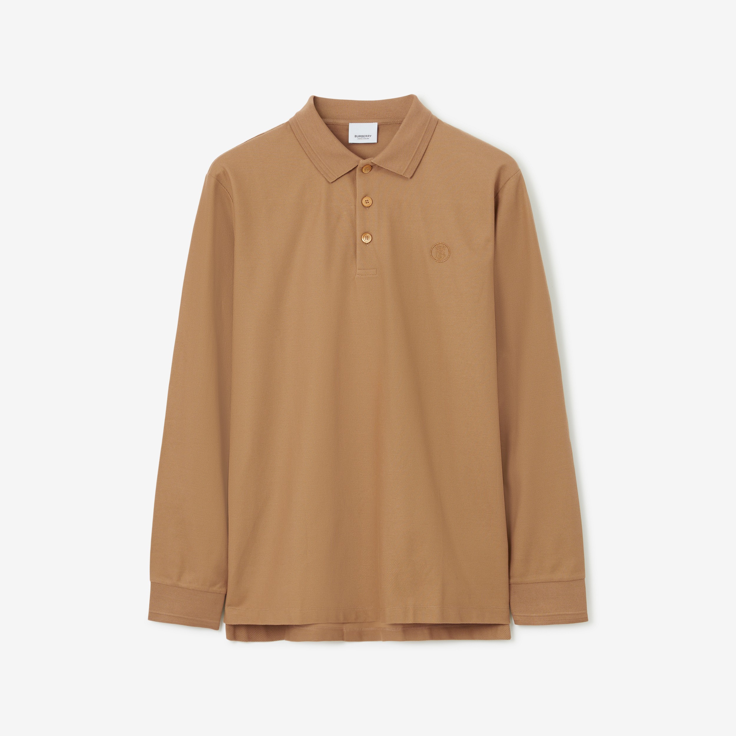Long-sleeve Monogram Motif Cotton Piqué Polo Shirt in Camel - Men | Burberry® Official - 1