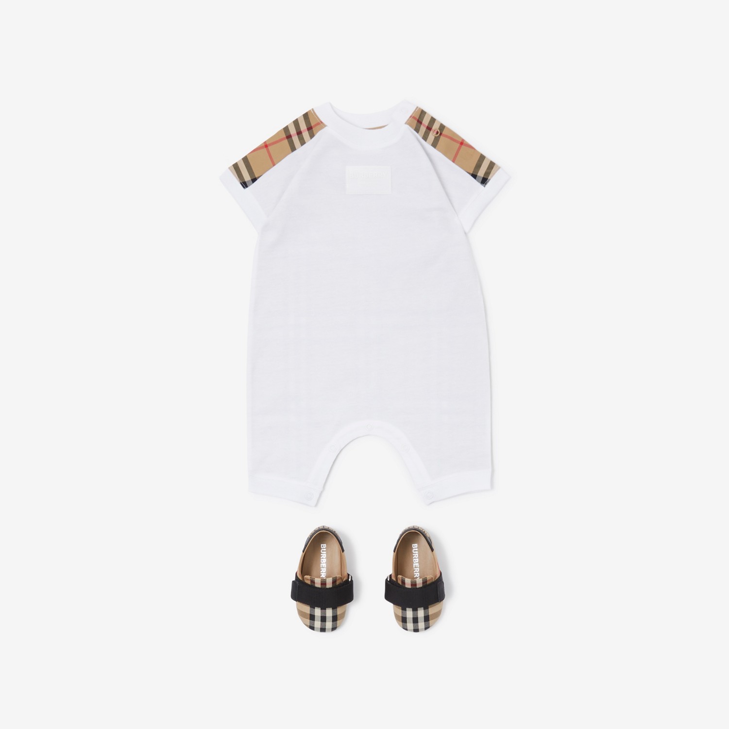 格纹裁片棉质婴儿连身衣 (白色) - 儿童 | Burberry® 博柏利官网